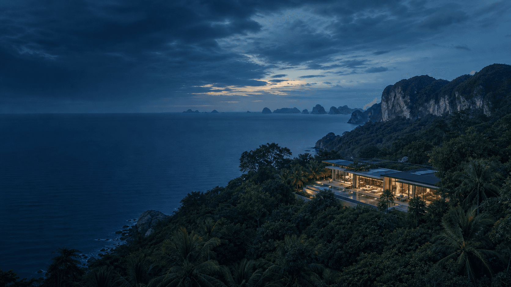 Vue aérienne de la côte thaïlandaise et d’une villa de prestige
